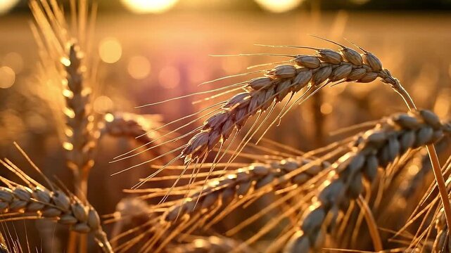 ears of wheat on a field at golden warm sunrise