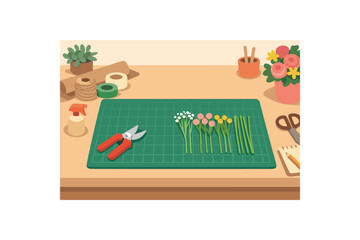 Fototapeta premium Flat vector illustration of florist workstation with cutting mat silhouette pruning shears and aligned stems style clean 2D shapes no outlines minimal details layered depth simplified