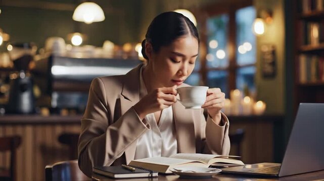 Woman enjoying coffee while reading in a cafe