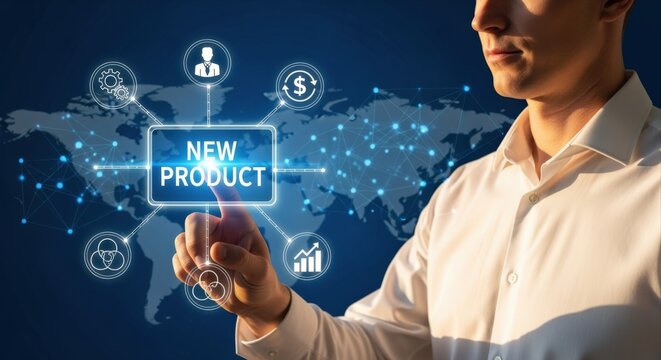 Businessman Introducing New Product with Digital Interface and Global Network, Modern Marketing Strategy - Powered by Adobe