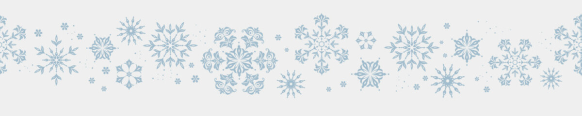 Christmas border with wave of black snowflakes, winter holiday horizontal banner design, decorative floral snow ornament, minimalist New Year greeting card element, vector illustration isolated 