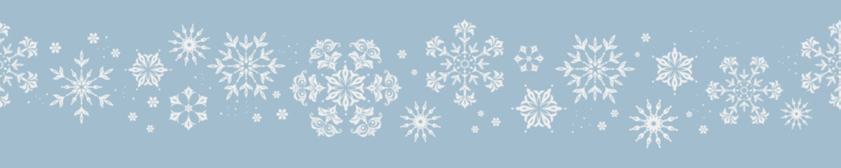 Christmas border with wave of black snowflakes, winter holiday horizontal banner design, decorative floral snow ornament, minimalist New Year greeting card element, vector illustration isolated 