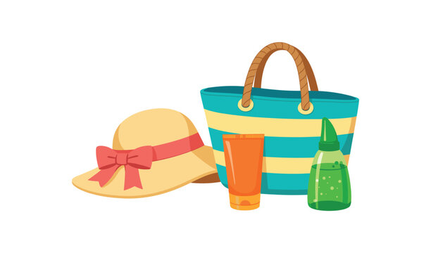 Flat vector illustration of sun hat and beach bag set with sunscreen tube without label and aloe gel bottle isolated on pure white slightly style high quality no texture no grain