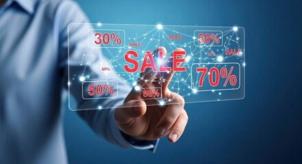Hand Interacting with a Digital Screen Displaying Sale Percentages, Modern Online Shopping Interface, Retail Promotion Concept