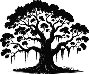Majestic oak tree silhouette illustration, sprawling branches, hanging moss, detailed roots, dramatic woodcut style nature artwork.