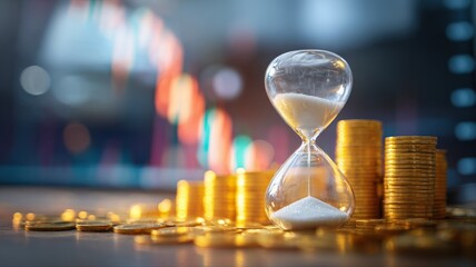 Hourglass with Gold Coins Representing Time Sensitive Investments and Financial Deadlines in a Fluctuating Market