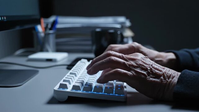 Closeup of hands typing on a white computer keyboard with blue backlight