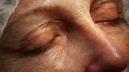 A woman with wrinkles on her face is sleeping. The wrinkles on her face are deep and prominent