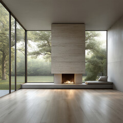 Naklejka premium Modern living room with large glass windows, minimalist fireplace, wooden floor, and serene forest view, peaceful and bright atmosphere