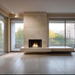 Naklejka premium Modern living room with large windows, beige tile floor, stone fireplace, and city view creates calm, spacious atmosphere