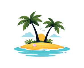 Fototapeta premium Flat vector illustration of tropical beach with palm silhouettes and small on sand isolated on pure white slightly style high quality no texture no grain