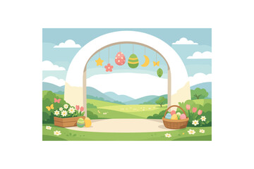 Fototapeta premium Flat vector background illustration of peaceful spring holiday photo backdrop with simple arch silhouette and hanging decor style clean 2D shapes no outlines minimal details matte colors