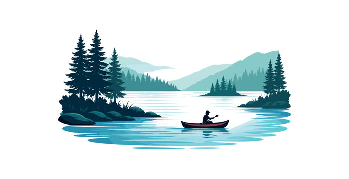 Flat vector illustration of lake with layered shore silhouettes and small canoe isolated on pure white slightly style high quality no texture no grain