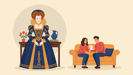 Fototapeta premium Elizabethan queen beside a couple on a couch