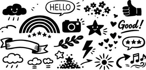 Whimsical hand drawn doodle sticker set of smiling rainbow, camera, stars and hearts arranged horizontally on white background flat vector art