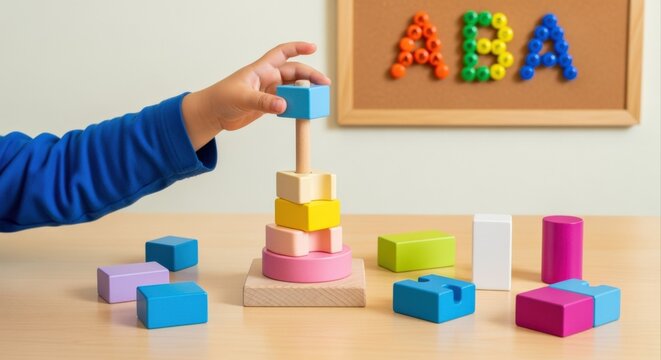 Child Development: Hand Stacking Colorful Wooden Toy Pyramid for Educational Play and Cognitive Skills