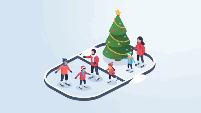 Family ice skating around a decorated Christmas tree on a frosty day