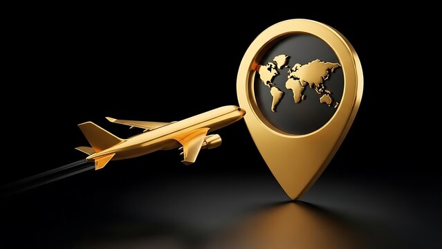 Golden airplane flying towards a gold map marker with the world map, black background