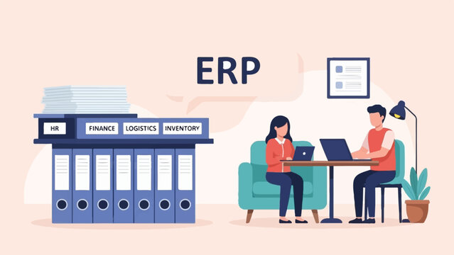 Employees work together on laptops near ERP system binders in office