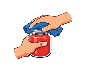 Flat vector illustration of hands opening stubborn jar using towel grip isolated on pure white slightly style high quality no texture no grain