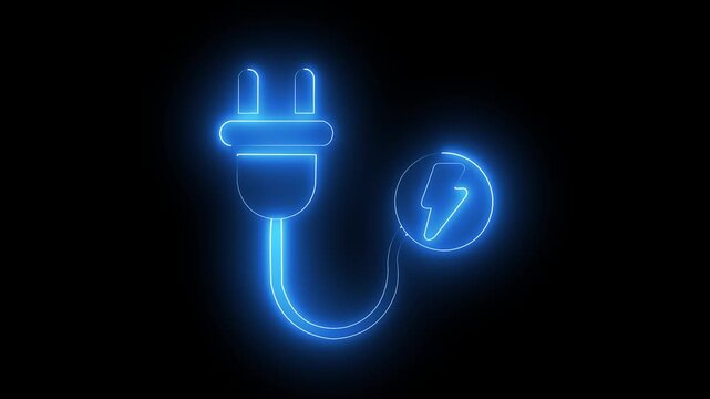 Neon electric plug with energy bolt glowing a vibrant fuchsia on a black