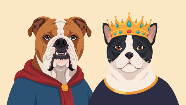 Dog with cape, cat wearing crown, side by side, light background