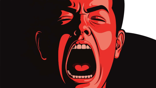 Dramatic red close-up of a man's face with mouth wide open in a shout