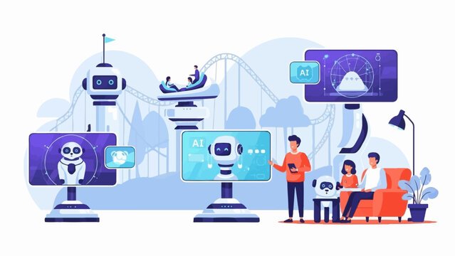 Family interaction with robots and AI, with a futuristic roller coaster background