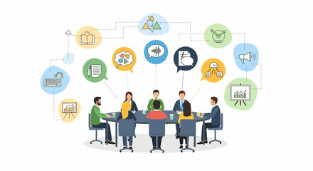 Naklejka premium Business meeting with collaboration and idea sharing, illustrating teamwork and strategic planning with icons representing various concepts