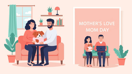 Obraz na płótnie Canvas Family celebrating Mother's Day with pets and technology at home