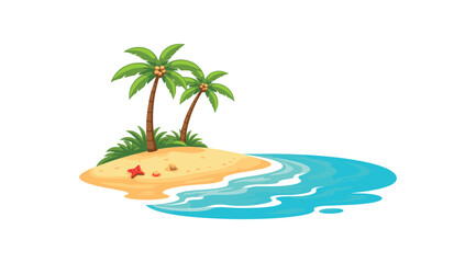 Obraz premium Flat vector illustration of sandy beach with palm silhouettes and gentle waves isolated on pure white slightly style high quality no texture no grain