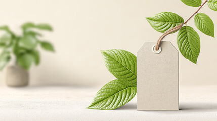 Vegan product label tag on a background of fresh green leaves with copy space for text, eco friendly branding, plant based nutrition and natural lifestyle concept.