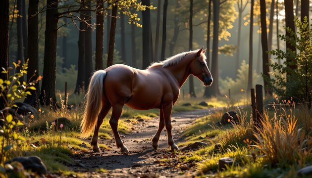 The image features a single horse standing on a dirt path in a dense forest, illuminated by soft, warm sunlight filtering through the tall trees - Powered by Adobe