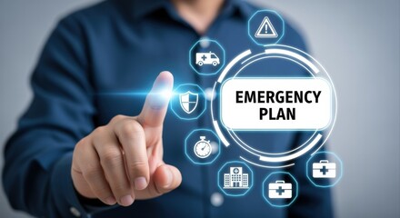 Emergency Preparedness: Man Activating Safety Protocol Interface With First Aid, Hospital, and Alert Icons
