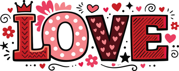 Love Typography Vector Illustration with Decorative Hearts and Bold Hand Drawn Letters