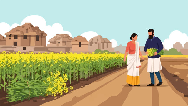 Farmers harvesting yellow flowers in a rural village with traditional houses