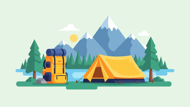 Flat illustration of a campsite with tent, backpack, mountains, and trees