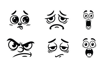 Six black and white cartoon faces expressing different emotions