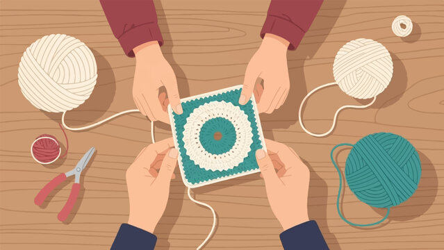 Hands crocheting a patterned square with yarn, needles, and scissors