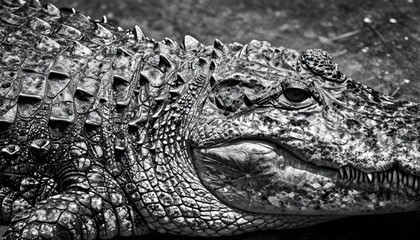 Obraz premium Close-up black and white portrait of a crocodile's textured skin and sharp teeth