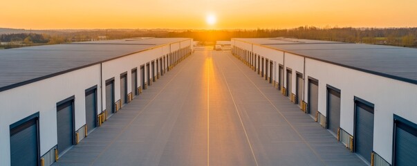 Obraz premium Aerial view of warehouse rows at sunrise, highlighting symmetry and warm light. Sunrise, Symmetry, Logistics, Warehouse, Aerial View, Logistics Hub