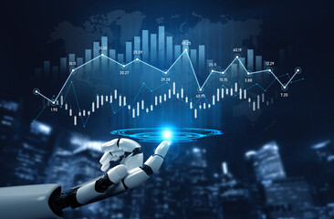 A futuristic robot hand holds a glowing light beam over a digital financial graph, symbolizing advanced stock market analysis and data visualization in blue tones. Scalp