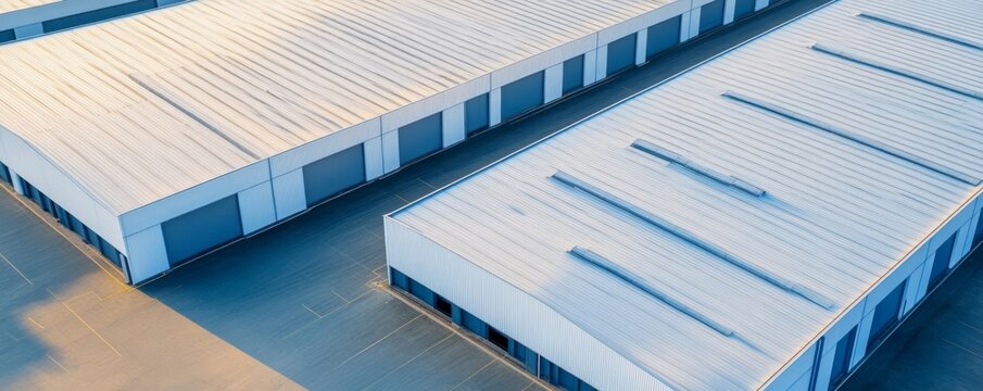 Aerial View Repetitive industrial warehouse roofs bathed in warm light, geometric pattern of storage buildings. Industrial, Architecture