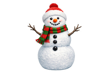 Cheerful snowman standing, adorned with traditional santa hat, a warm striped scarf, and branch arms, bringing holiday joy