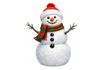 Cheerful snowman standing, adorned with traditional santa hat, a warm striped scarf, and branch arms, bringing holiday joy