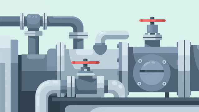 Industrial piping system with valves and flanges in a flat design style