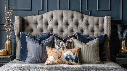 Luxurious bedroom interior features a tall, upholstered headboard surrounded by decorative throw pillows against a dark paneled wall