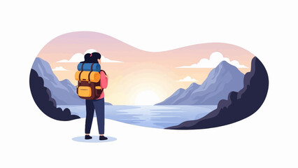 Hiker watches a serene sunrise over a vast lake surrounded by mountains