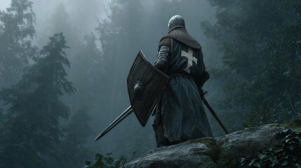 Fototapeta premium Medieval knight on watch in forest landscape with sword and shield
