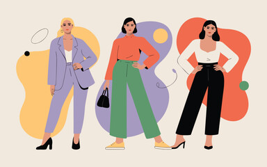 Obraz premium three stylish women are depicted in modern fashion showcasing diverse outfits and confident poses against an abstract background